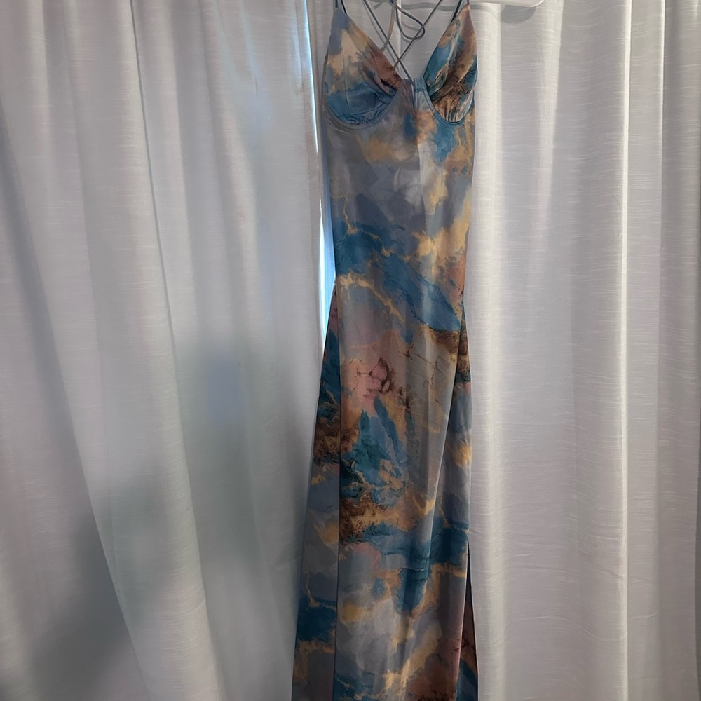 Vici Blue and Brown Tie-Dye Satin Dress